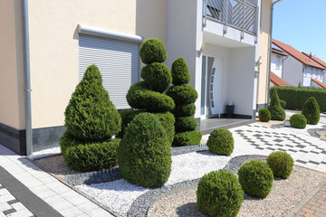 Moderner und gepflegter Vorgarten mit Ziersplitt und Buchsbaumkugeln