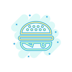 Burger sign icon in comic style. Hamburger vector cartoon illustration on white isolated background. Cheeseburger business concept splash effect.