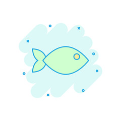 Fish sign icon in comic style. Goldfish vector cartoon illustration on white isolated background. Seafood business concept splash effect.