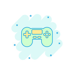 Joystick sign icon in comic style. Gamepad vector cartoon illustration on white isolated background. Gaming console controller business concept splash effect.
