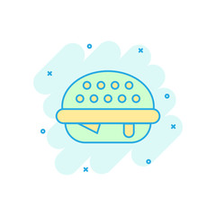 Burger sign icon in comic style. Hamburger vector cartoon illustration on white isolated background. Cheeseburger business concept splash effect.