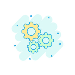 Gear vector icon in comic style. Cog wheel cartoon illustration on white background. Gearwheel cogwheel business concept splash effect.