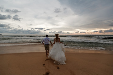 Fototapeta na wymiar Young beautiful newlyweds in love holding hands and walking away on tropical sandy beach, back view