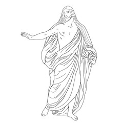 Jesus Christ in a shroud stands holding up his hand. Vector image isolated on white background.