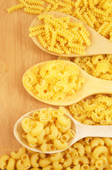 Raw macaroni with spoons on wooden background