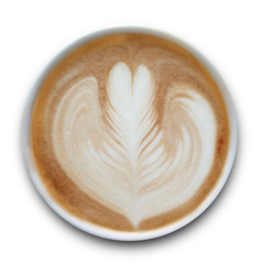 Top view of a mug of latte art coffee isolted on white background.