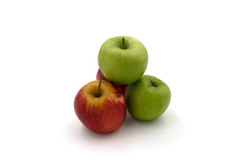 Fresh juicy group of red and green apples isolated on white background. Top view.