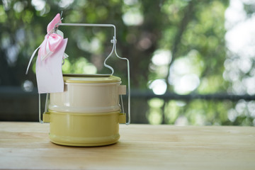 Metal tiffin Thai food carrier (pastel color) on wood table.