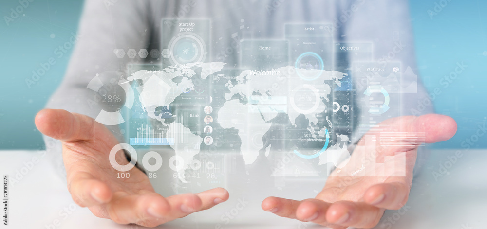 Poster businessman holding user interface screens with icon, stats and data 3d rendering