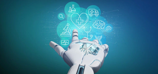 Cyborg hand holding a Medical icon and connection 3d rendering