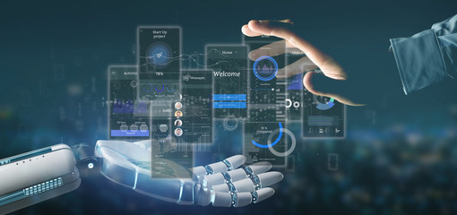Cyborg hand holding User interface screens with icon, stats and data 3d rendering
