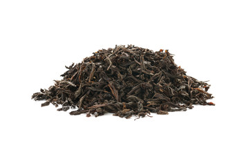 Heap of dry black tea leaves isolated on white background.