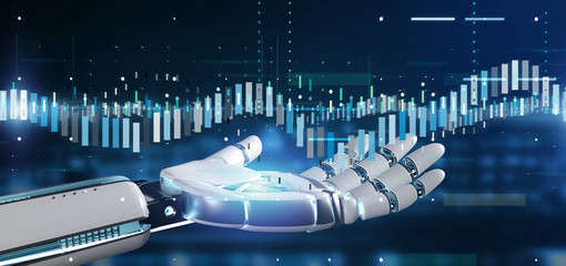 Cyborg hand holding a Business stock exchange trading data information 3d rendering