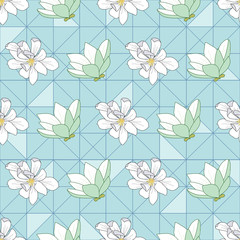 Magnolia flowers seamless pattern on blue triangles background