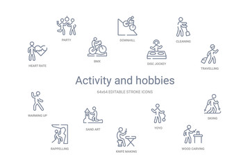 Fototapeta na wymiar activity and hobbies concept 14 outline icons