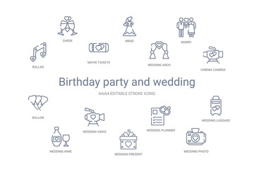 birthday party and wedding concept 14 outline icons