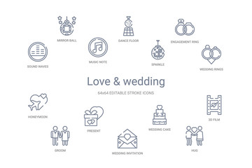 Fototapeta na wymiar love & wedding concept 14 outline icons