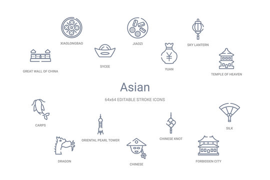 asian concept 14 outline icons