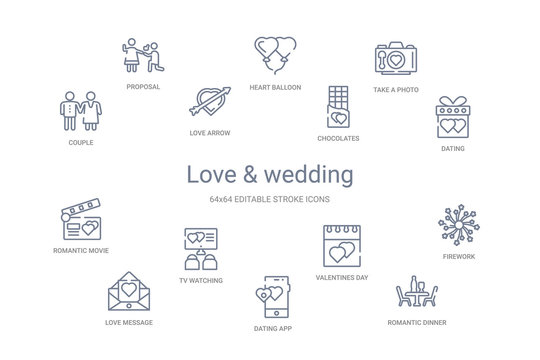 love & wedding concept 14 outline icons