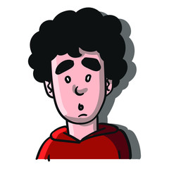 A boy with a red sweater and black curly hair is looking up in astonishment. illustration.