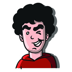 Vector drawing of a cartoon character with black curly hair, who winks and laughs. red pullover.