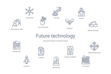 future technology concept 14 outline icons - obrazy, fototapety, plakaty