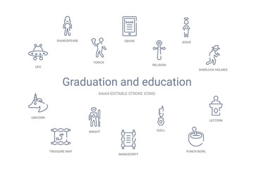 graduation and education concept 14 outline icons