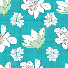 Seamless magnolia flowers pattern on blue stripes