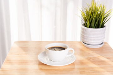 White coffee cup and plant pot on wooden office desk  with morning sunlight and  soft curtain background
