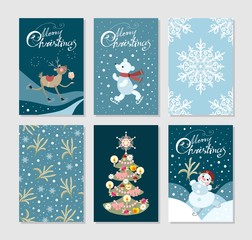 Set of cute christmas greeting cards with deer, polar bear, new year tree, snowman and snowflakes.