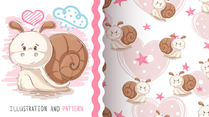 Cute teddy snail - seamless pattern