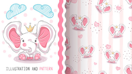 Cute princess elephant - seamless pattern