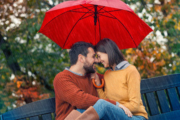 Romantic autumn date of young couple in love