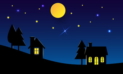 paper art style.Landscape City Village nighttime. Village with full moon.Vector of a crescent moon with stars on a cloudy night sky. Moon and stars background.