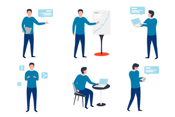 Vector set of business man in different work situations - chat, presentations, brake, confidence.