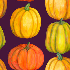 Autumn pattern. Beautiful pumpkin background. Drawing with acrylic paints. Vintage style. Botanical sketches. Ideal for postcards, wrapping paper, cloth and for other designs.