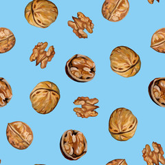 Autumn pattern. Beautiful background with walnuts. Realistic drawing with acrylic paints. Vintage style. Botanical sketches of autumn fetus. Ideal for cards, wrapping paper, fabric and other designs.