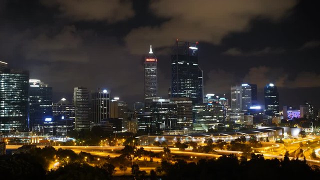 Perth Western Australia City Foreshore Time-lapse Night Scene Cityscape Traffic Sunset with Coulds