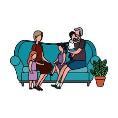 cute grandparents couple with little kids in the sofa