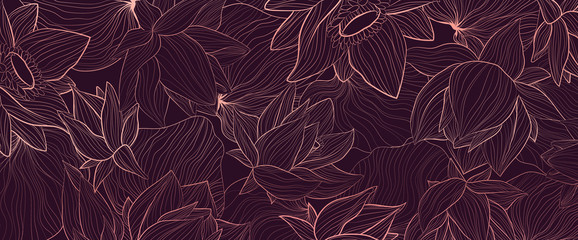 Set of vector background with hand draw pink gold solhouettes of lotus flower and leaves.
