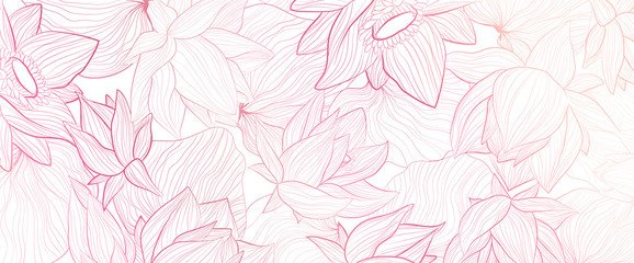 Set of vector white background with hand draw gold solhouettes of lotus flower and leaves.