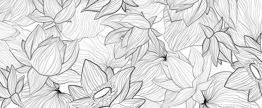 Set of vector white background with hand draw black solhouettes of lotus flower and leaves