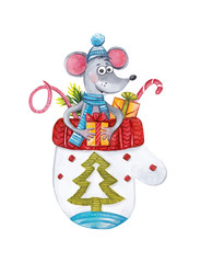 Christmas card with the symbol of 2020. A cheerful rat in a hat sits in a mittens with gifts and sweets. Watercolor illustration.