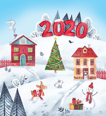 Christmas watercolor card. Landscape with houses on the background of the date 2020. The illustration contains a snowman, deer, hare, gifts, Christmas tree.