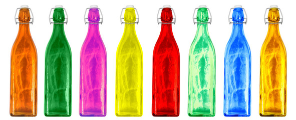 Collection of decorative glass bottles on an isolated white background