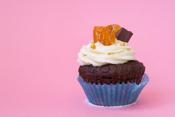 One delicious cupcake on a pink background. White air cream cake decorated with chocolate and candied fruit. Cupcake in a blue paper cup. The concept of holiday and birthday.