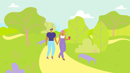 Obraz na płótnie Canvas Couple in Love Walking in Park Garden Cartoon