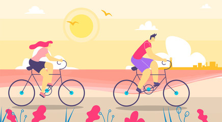 Man and Woman Walking on Bicycles Flat Cartoon
