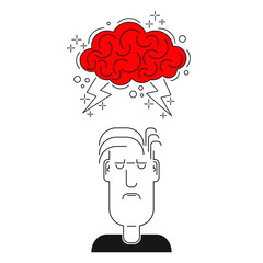 Man character thinks with his brain. Brain storm concept vector illustration.