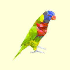 Green-Naped Lorikeet bird low polygon isolated on yellow background, colorful green parrot modern geometric icon, parakeet pet crystal design illustration.